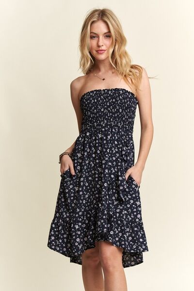 ADORA Floral Dress Navy Smocked Tube Strapless with Pockets Navy 5424f408-30ff-45f3-96ae-611e3327ac97-Min Trendsi