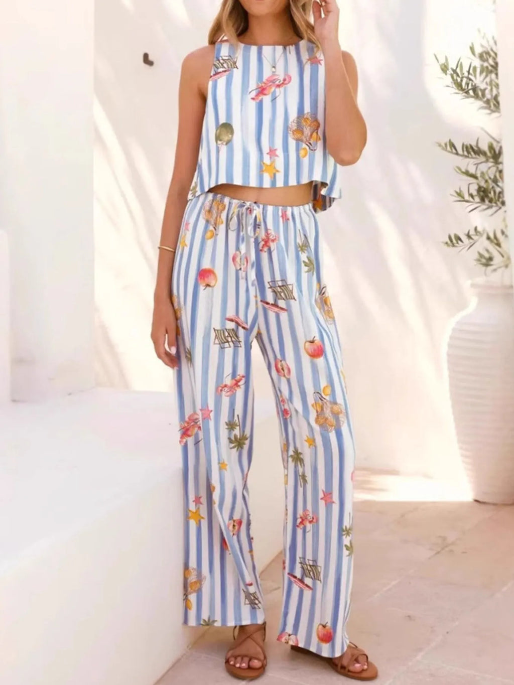 Women's Outfit Set Blue Summer Printed Stripe Tank Top and Pants Two-piece 542f4346-3499-4aca-b0d5-980ff3615ba2-Max-Origin Trendsi