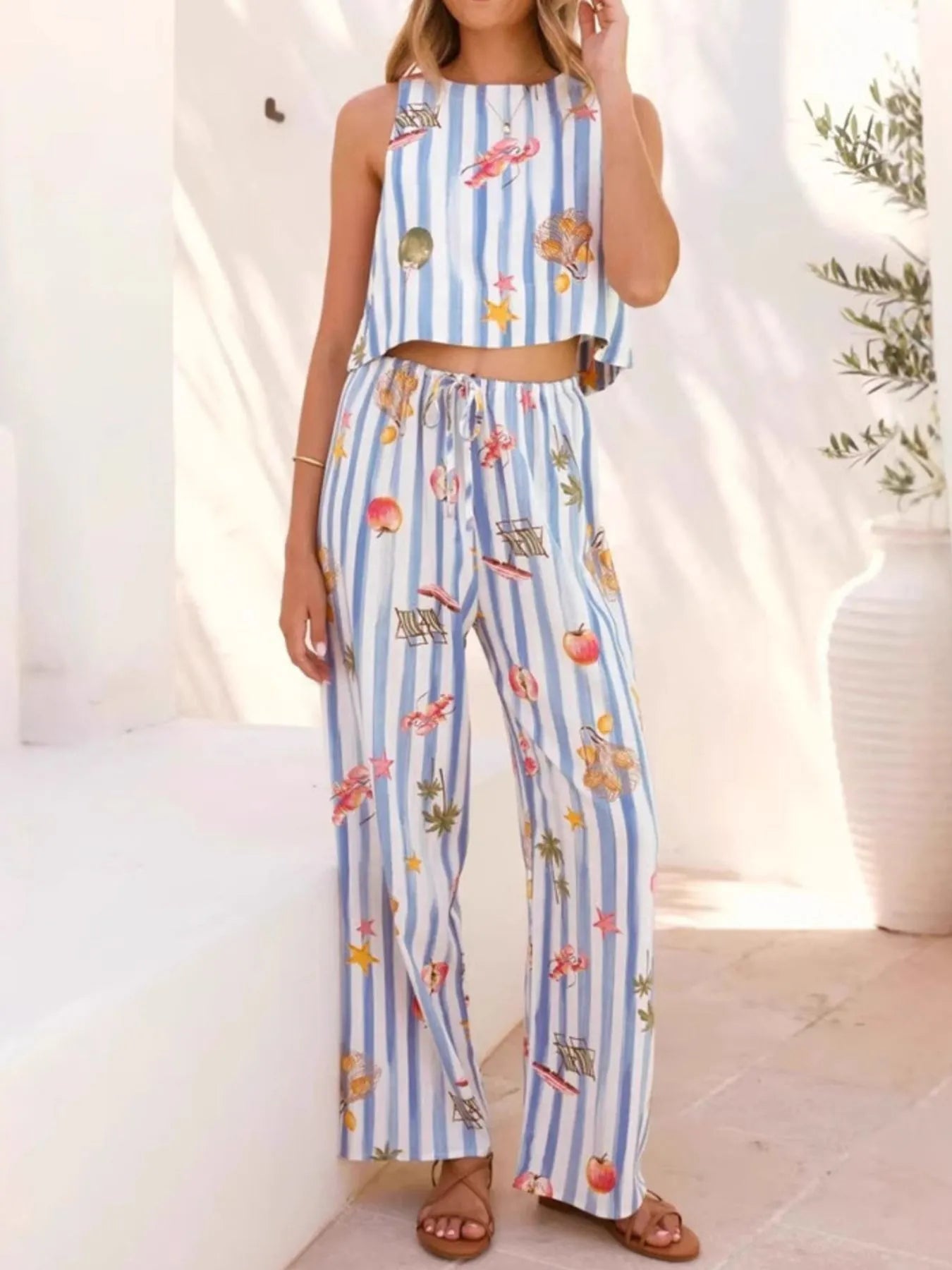 Women's Outfit Set Blue Summer Printed Stripe Tank Top and Pants Two-piece 542f4346-3499-4aca-b0d5-980ff3615ba2-Max-Origin Trendsi