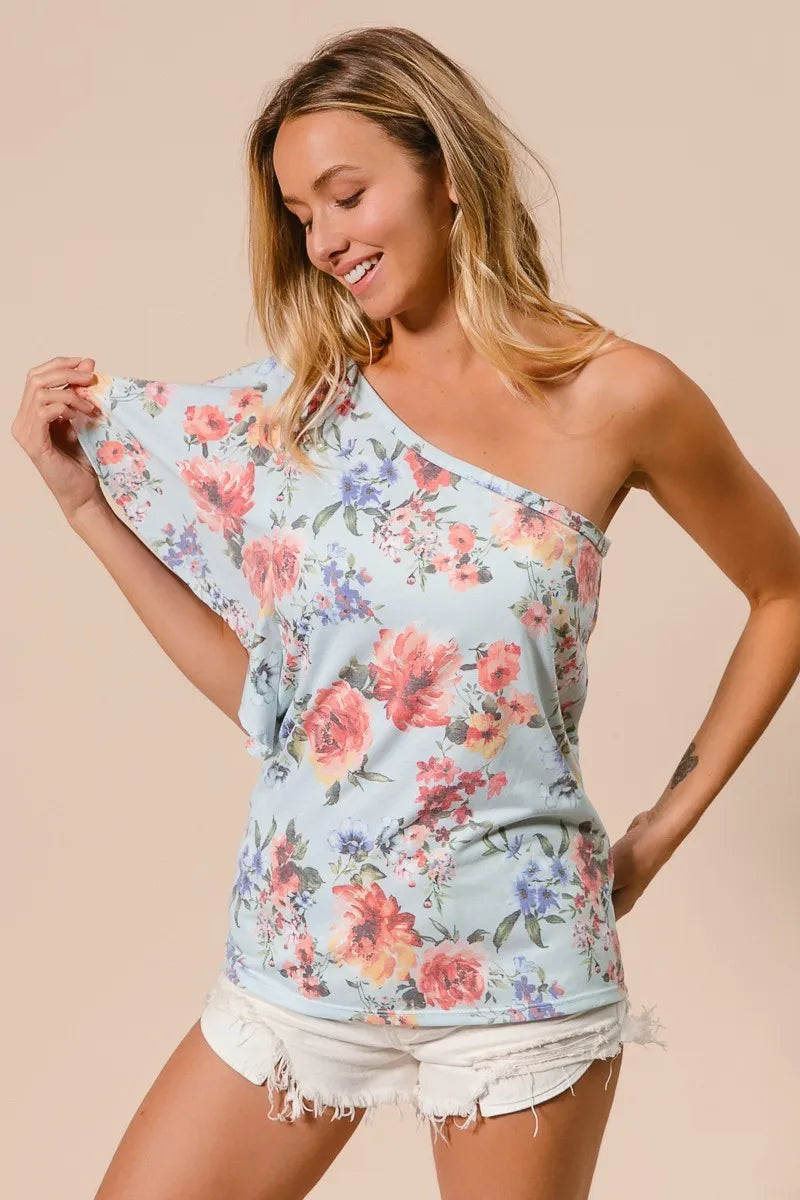BiBi Floral Top Printed Jersey Knit Ruffle Sleeve One Shoulder LT BLUE 542fefe7e84d4bd5a387b86e31fd95ee-Max-Origin Trendsi