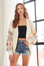 ADORA Women's Cardigan Floral Contrast Crochet Open Front Ivory Long Sleeve 5430d9e1-f271-4735-b519-8d33b5600494-Max Trendsi