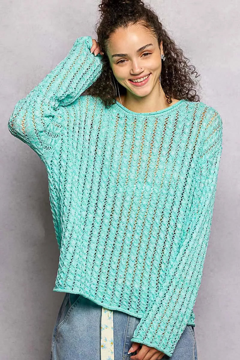 POL Openwork Knit Top Aqua Mint Round Neck with Shiny Detail Long Sleeve 54314b1a-2c69-4ec9-8963-29a9539f827d-Max-Origin Trendsi