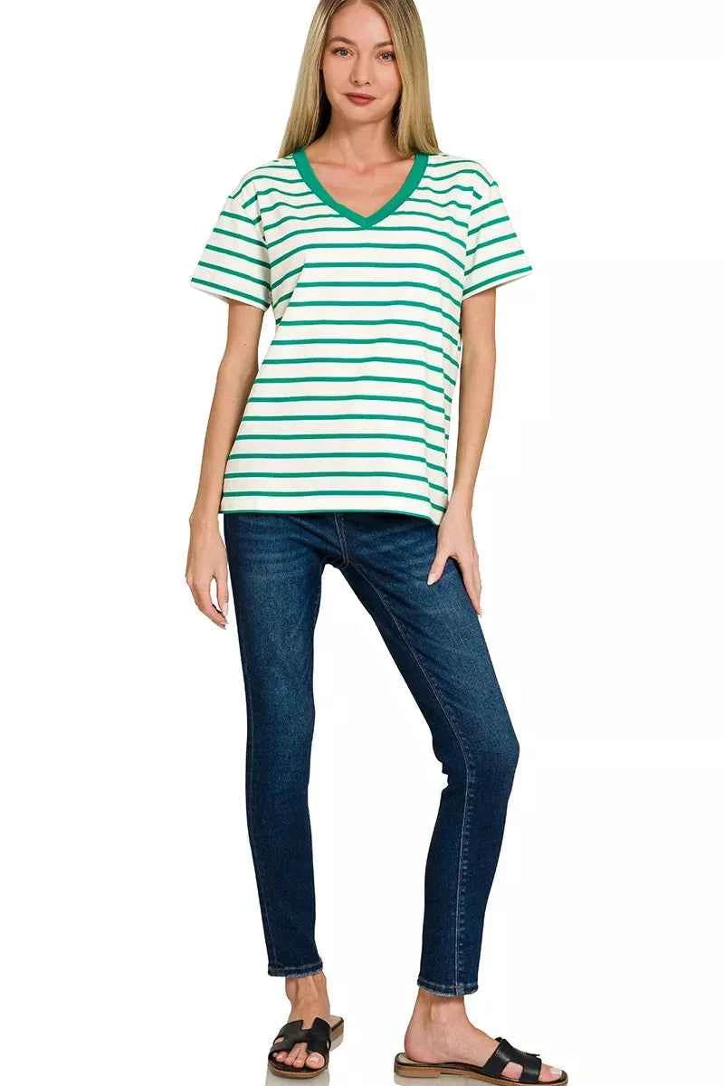 Zenana Striped V-Neck Short Sleeve T-Shirt
