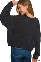 Zenana Women's Knit Top Black Textured Drop Shoulder Long Sleeve 543476aeb13243a9a406c15c8f8f908b-Max-Origin Trendsi