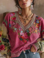 Plus Size Full-Length Floral Embroidered V-Neck Blouse