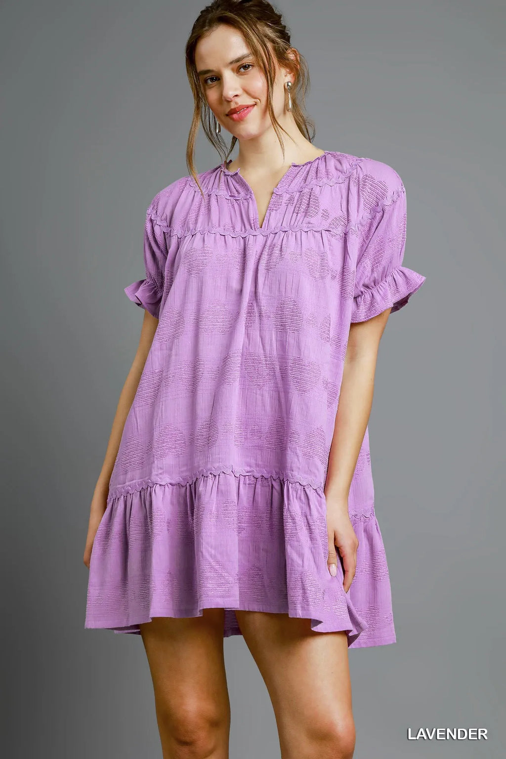 Umgee Babydoll Dress Heart Pattern Lavender Short Sleeve Ruffle Tiered Lavender 544a841e-a0b8-4576-a7b9-2683cef1f80a-Max-Origin Trendsi
