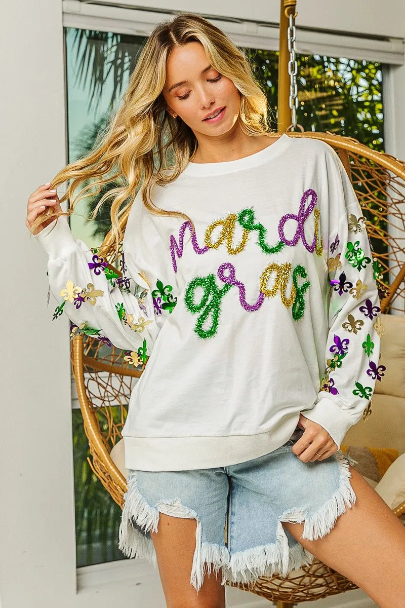 BiBi Womens Pullover Off White Fleur De Lis Sleeve Mardi Gras 5452e2e4f817443b9859bff22a5795d4-Max-Origin Trendsi