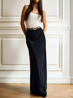 Satin Maxi Skirt High-Waisted Back Zip Black White Solid Basic Style 545db47e-cc7f-4358-89f6-eabc12b911b2-Max-Origin Trendsi