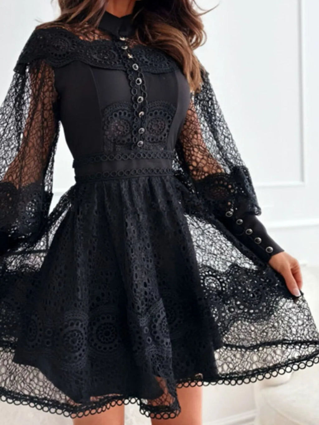 Mini Dress Floral Lace Lantern Long Sleeve Pearl Button High Neck Ruffled 545ee324-0f55-43dc-a355-c526d30af43f-Max-Origin Trendsi