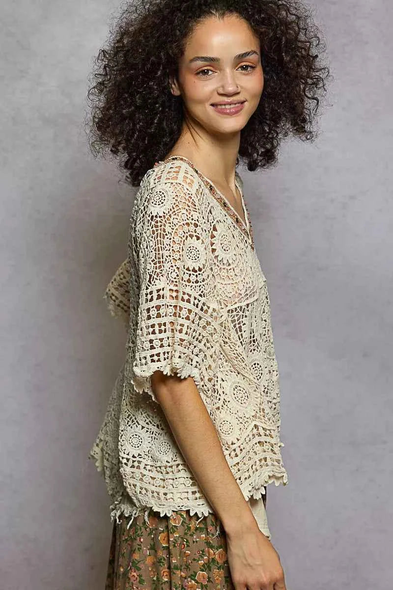 POL V-Neck Crochet Top with Scalloped Hem
