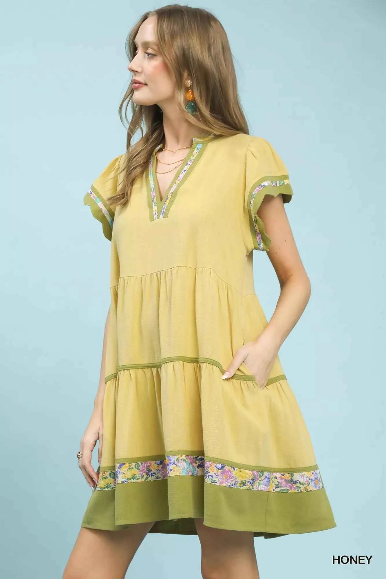 Umgee Linen Tiered Flutter Sleeve Dress with Floral Trim