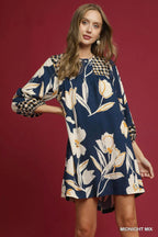 Umgee Babydoll Dress Navy Mix Floral High-Low 3/4 Sleeve MIDNIGHT MIX 54671898-7685-4044-81d6-a38ce12ddb05-Max-Origin Trendsi