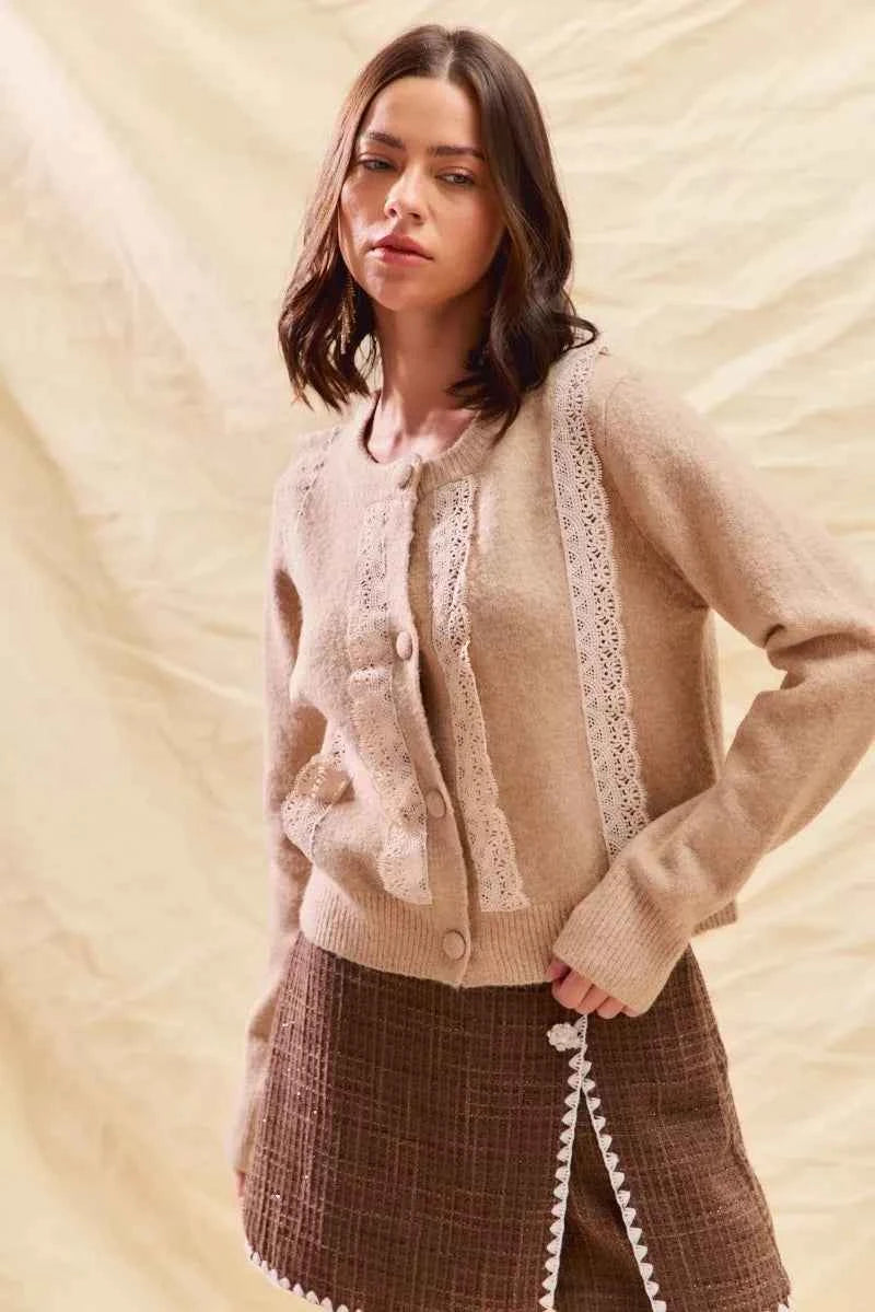 SO ME Women Cardigan Sweater Beige Knit Front Lace Trim Button Lonf Sleeve 546f6366dcaa436cab51bf51d50e7644-Max-Origin Trendsi