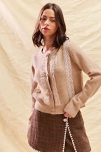 SO ME Women Cardigan Sweater Beige Knit Front Lace Trim Button Lonf Sleeve 546f6366dcaa436cab51bf51d50e7644-Max-Origin Trendsi