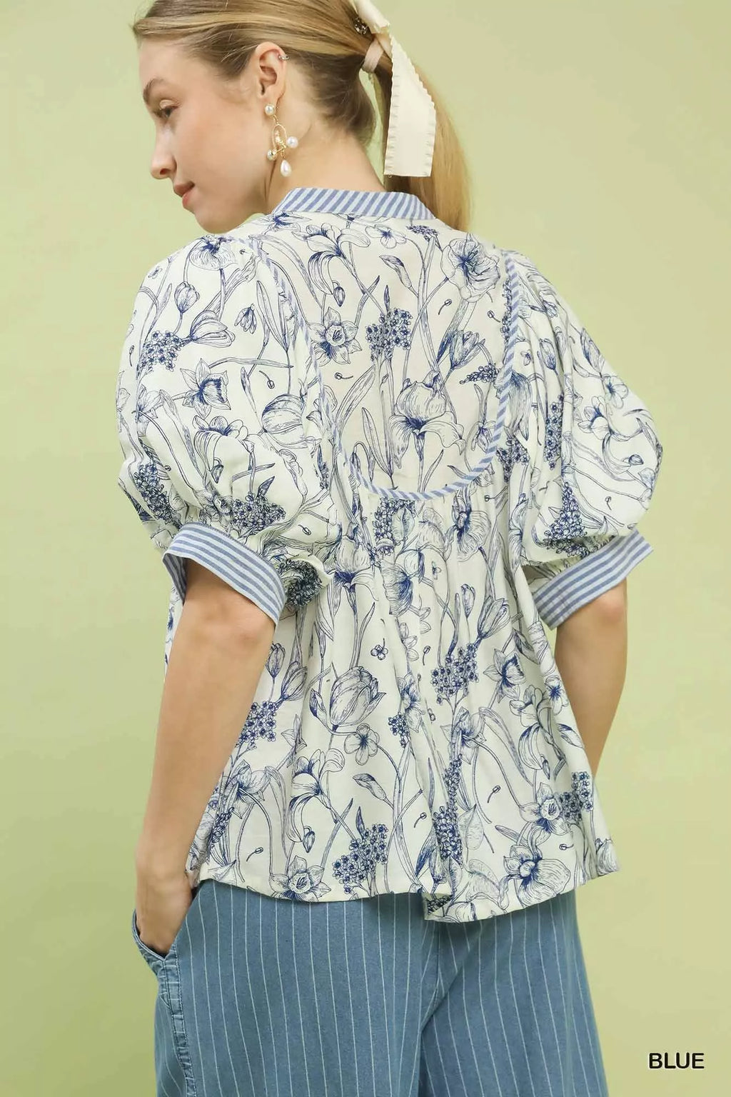 Umgee Blouse Blue Mixed Print Puff Short Sleeve Split Neck Top 547c8932-0027-4d67-bcf0-39fc2c5f56b7-Max-Origin Trendsi