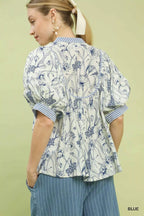 Umgee Blouse Blue Mixed Print Puff Short Sleeve Split Neck Top 547c8932-0027-4d67-bcf0-39fc2c5f56b7-Max-Origin Trendsi