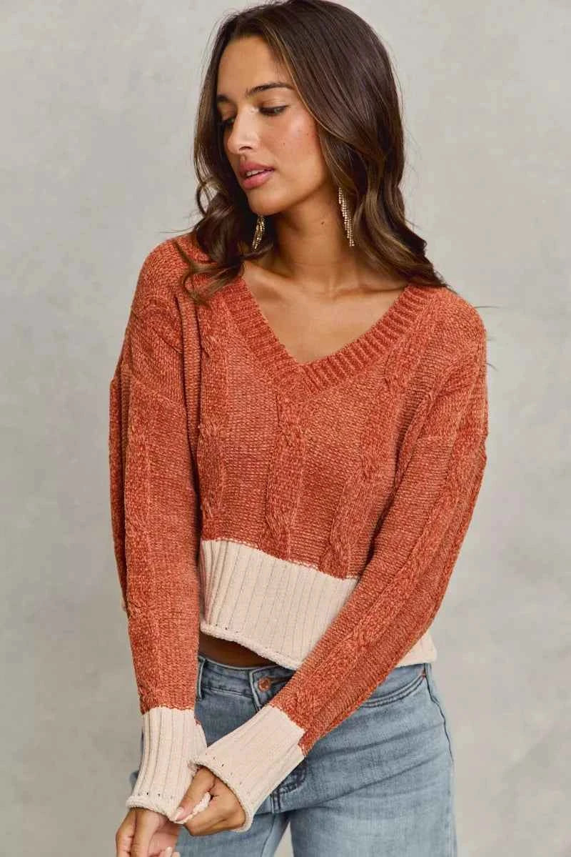 SO ME Cropped Sweater Rust Contrast Chenille Cable Knit V Neck Top RUST 548a6539d7bb4afb9bd04effd20185f8-Max-Origin Trendsi