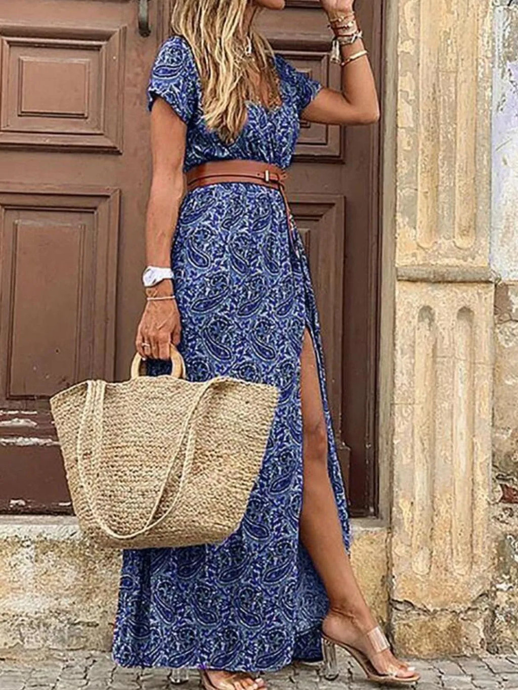 Maxi Dress Paisley Printed V-Neck Short Sleeve Boho Front Slit Burgundy 5491e8c2-9d29-4c0b-9ab8-b1caa448821c-Max-Origin Trendsi