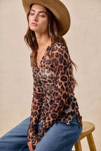 BiBi Women's Shirt Leopard Printed Mesh With Button Up V Neck Long Sleeve 5497cb3a71c443ec8494712b93a1a05b-Max-Origin Trendsi