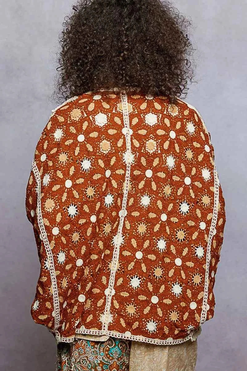 POL Crochet Cardigan Choco Multi Open Front Floral Pattern 54a0aef6-145a-4dff-a3ce-15b26c6166cd-Max-Origin Trendsi