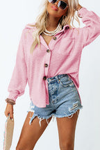Waffle-Knit Women Shirt Collared Neck Long Sleeve Pocketed Single Breasted 54b12267-b63d-48f4-8709-cc7ab0a165df-Max Trendsi