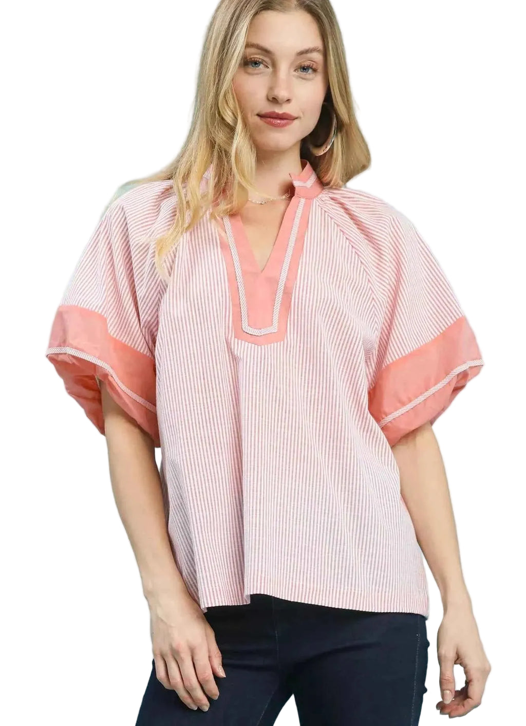 Umgee Blouse Pink Striped Mixed Puff Short Sleeve Top Pink 54b927e3-f4f0-4867-ba44-c865bcfac794-Max-Origin Trendsi
