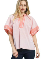 Umgee Blouse Pink Striped Mixed Puff Short Sleeve Top Pink 54b927e3-f4f0-4867-ba44-c865bcfac794-Max-Origin Trendsi