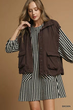 Umgee Womens Vest Coat Brown Nylon Sleeveless Jacket with Pockets BROWN 54bbb4d7-bf42-4809-9399-4c16a029f757-Max-Origin Trendsi