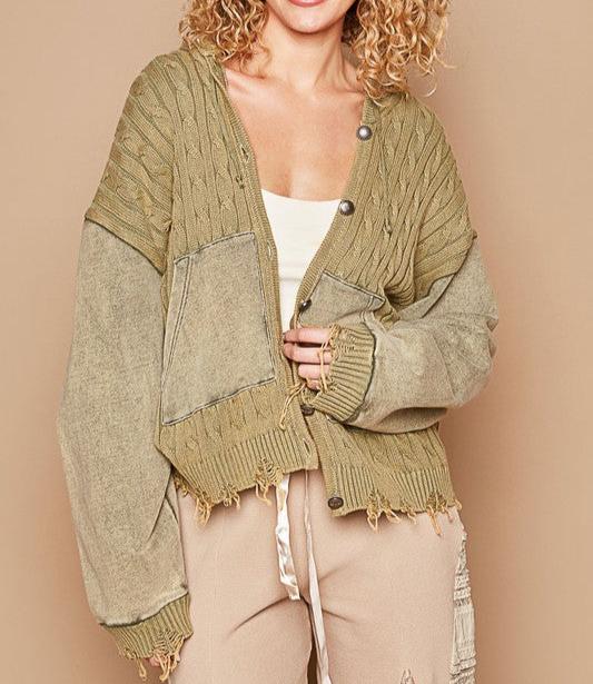 POL Women Cardigan Hooded Cable-Knit Distressed Hem Pocketed Long Sleeve