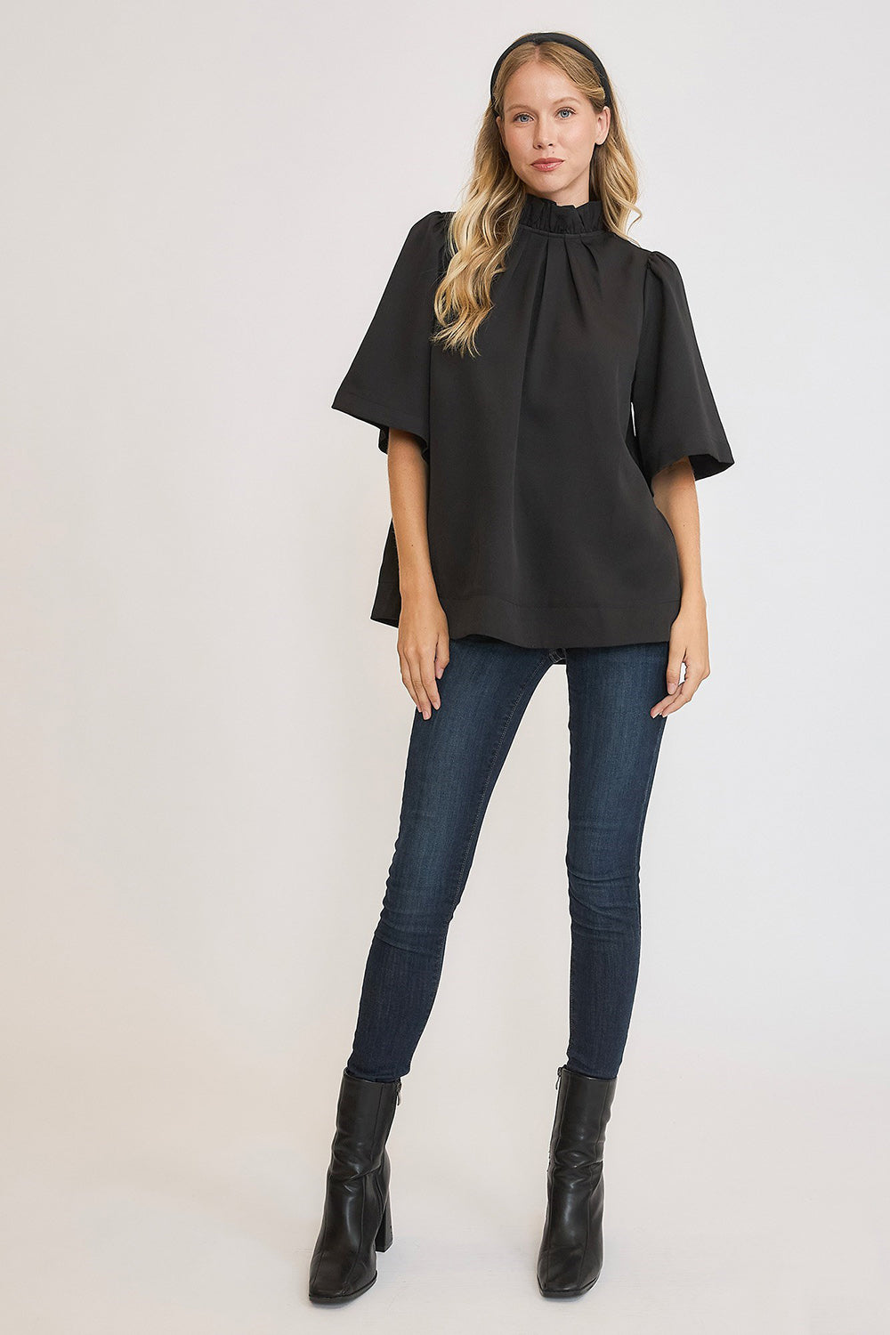 Umgee Black Women Blouse Bow Tie Back Mock Neck Half Sleeve Ruffled Top 54e109a3-70c3-4693-9fba-6d11c306989d-Max Trendsi