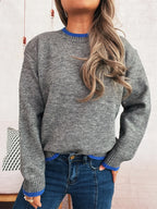 Women's Sweater Knit Ribbed Contrast Trim Long Sleeve Pullover 54e29196a8c34f2b9d16fe2652b75d96-Max-Origin Trendsi