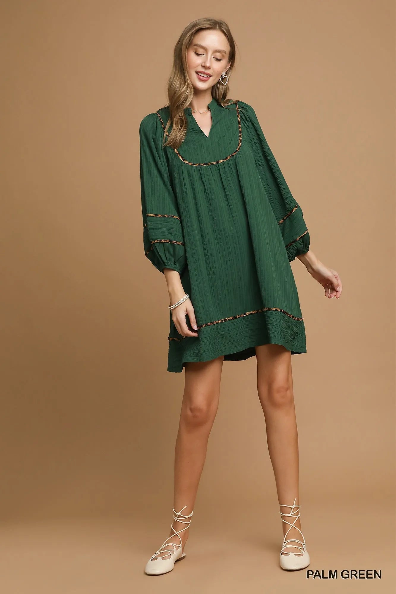 Umgee Babydoll Dress Green Textured Contrast with Leopard Trim Long Sleeve 54e6bf55-aef8-4085-8e9c-ff1546d87fc4-Max-Origin Trendsi