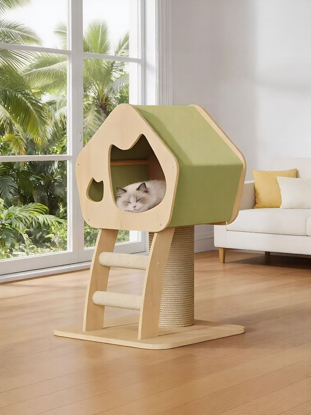 Modern Wooden Cat Condo with Sisal Scratching Post