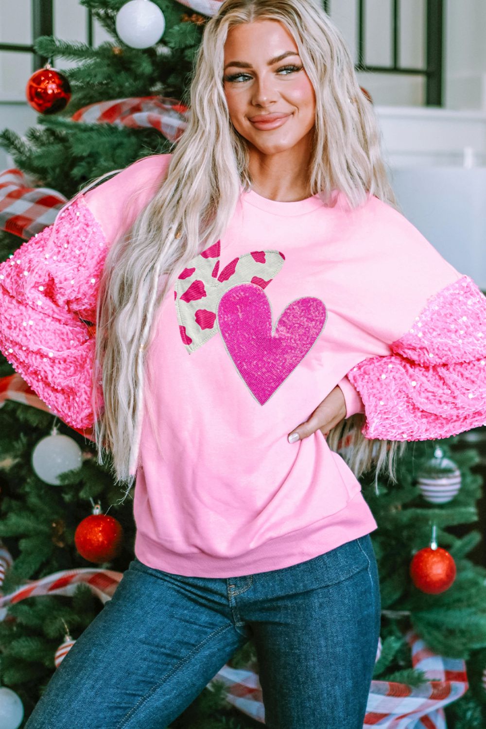 Valentine’s Day Sequin Sweatshirt Women Heart Long Sleeve Fuchsia Pink Top