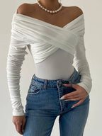 Bodysuit White Off-Shoulder Ruched Long Sleeve Jumpsuit 550a875de1154b5a875a12d389615e35-Max-Origin Trendsi