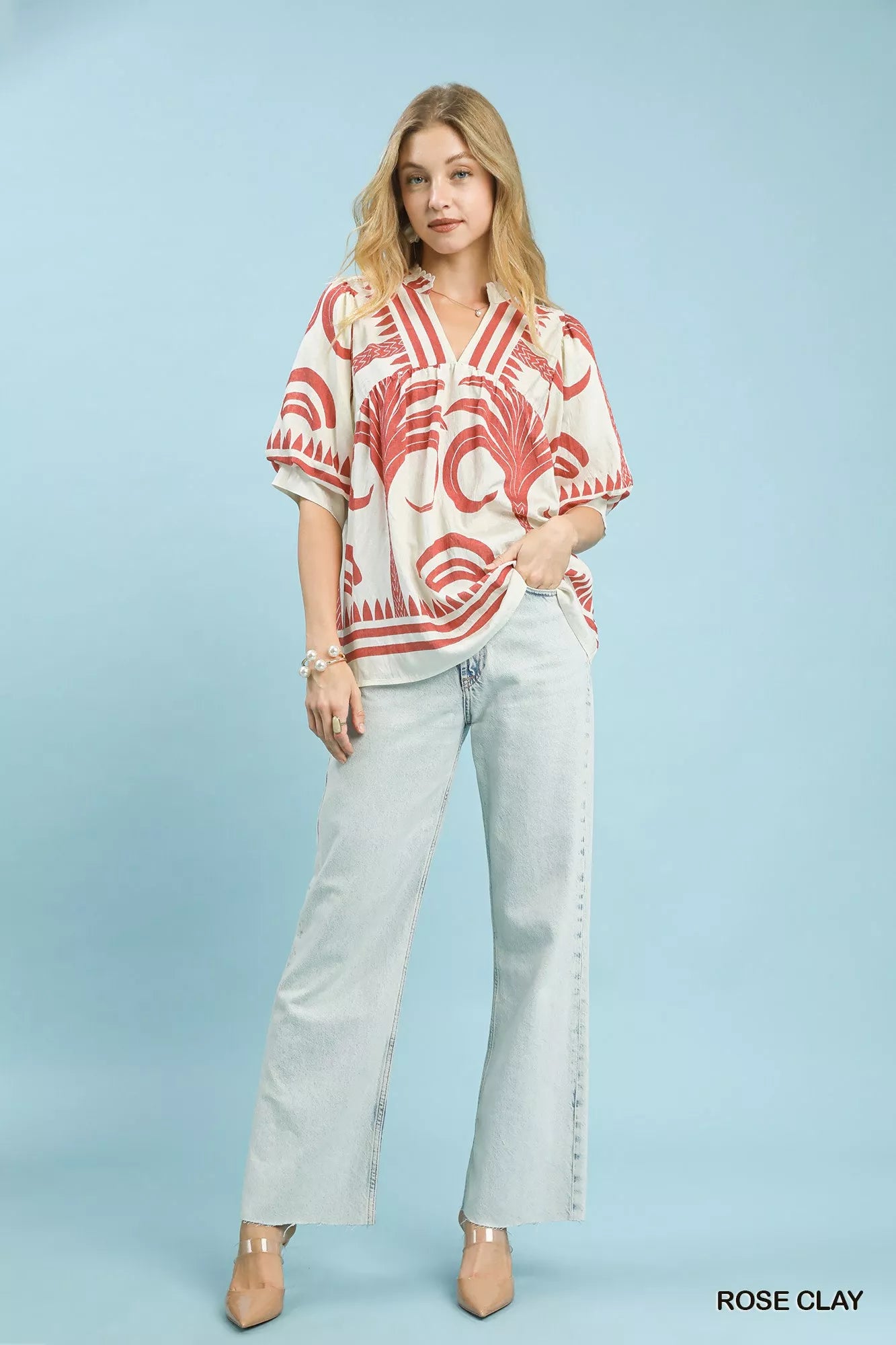 Umgee Womens Blouse Rose Folk Art Palm Print Puff Short Sleeve Top 550ca436-8a80-439b-b408-4eb75908bf34-Max-Origin Trendsi