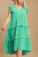 Umgee Midi Dress Ruffle Layered Emerald Tiered V neck Short Sleeve 55141ecb-fd9f-4eb3-bef4-384b1f085c3c-Max Trendsi