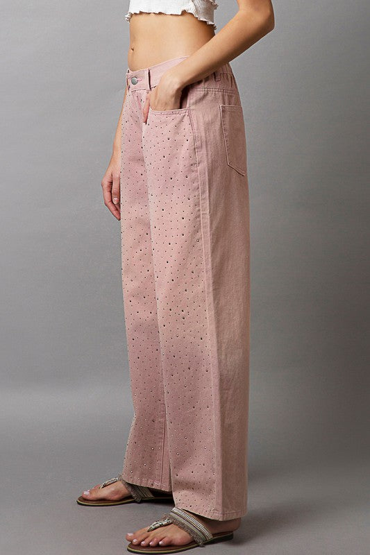 POL Wide Leg Pants Dusty Pink Rhinestone Embellishments Gradient 100% Cotton