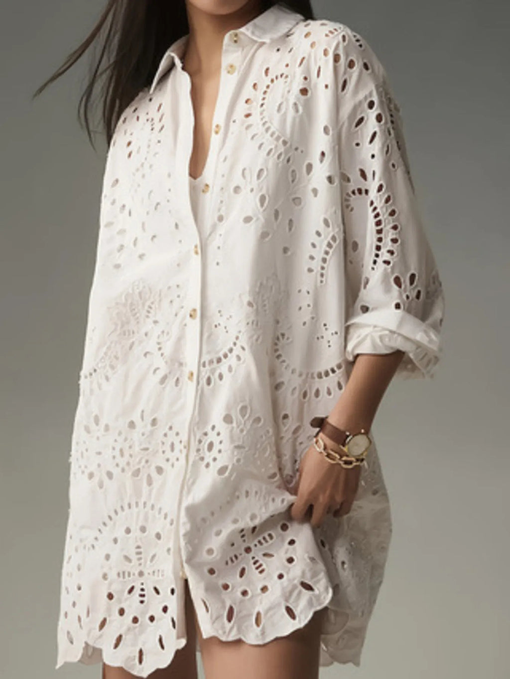 Shirt Dress Crochet Eyelet White Button Front Long Sleeve Short Dress White 5524b57913a446368322855711e9e4ae-Max-Origin Trendsi