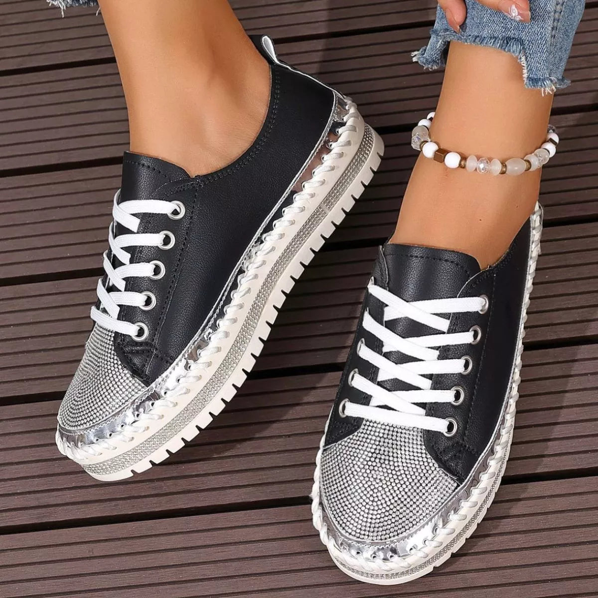 Women Sneakers Round Toe Platform Pu Leather Rhinestone Flat Shoes Black 55342433-470d-4281-b916-bf783520b307-Max-Origin Trendsi