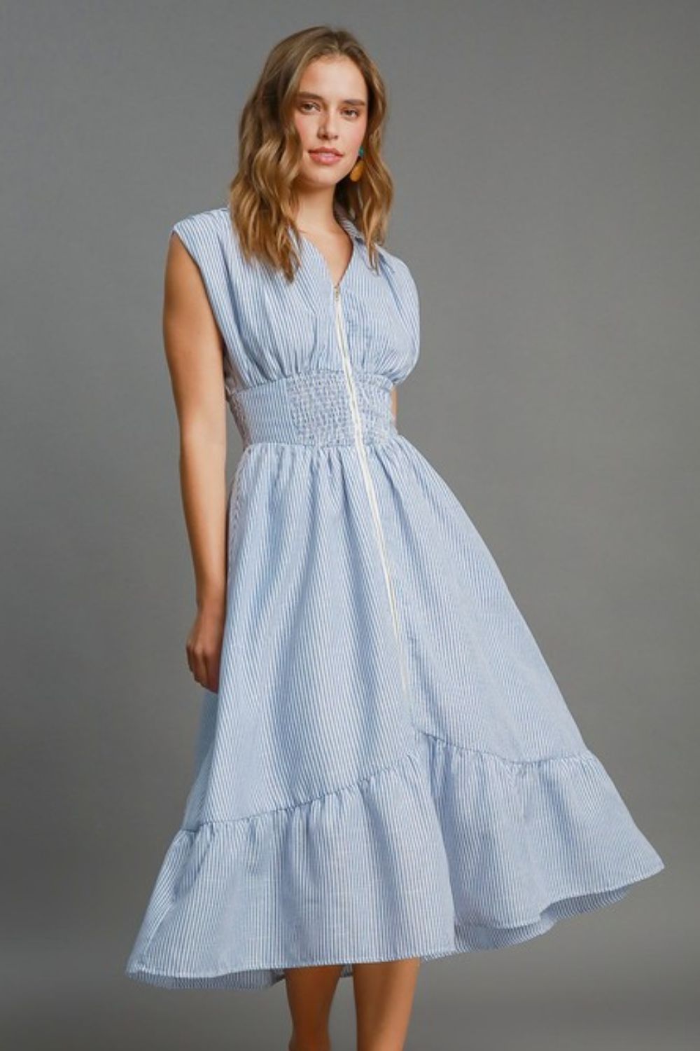 Umgee Midi Dress Striped Zipper Light Blue with Smocked Waist Light Blue 553d3033-93e8-44b3-822a-1fda14bccc70-Max Trendsi