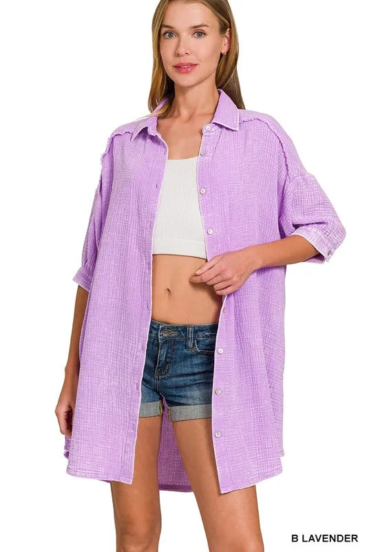 Zenana Shirt Dress Lavender Washed Double Gauze Oversized Pocketed 554ffac4e76444d88dd87d7c021bc6e8-Max-Origin Trendsi