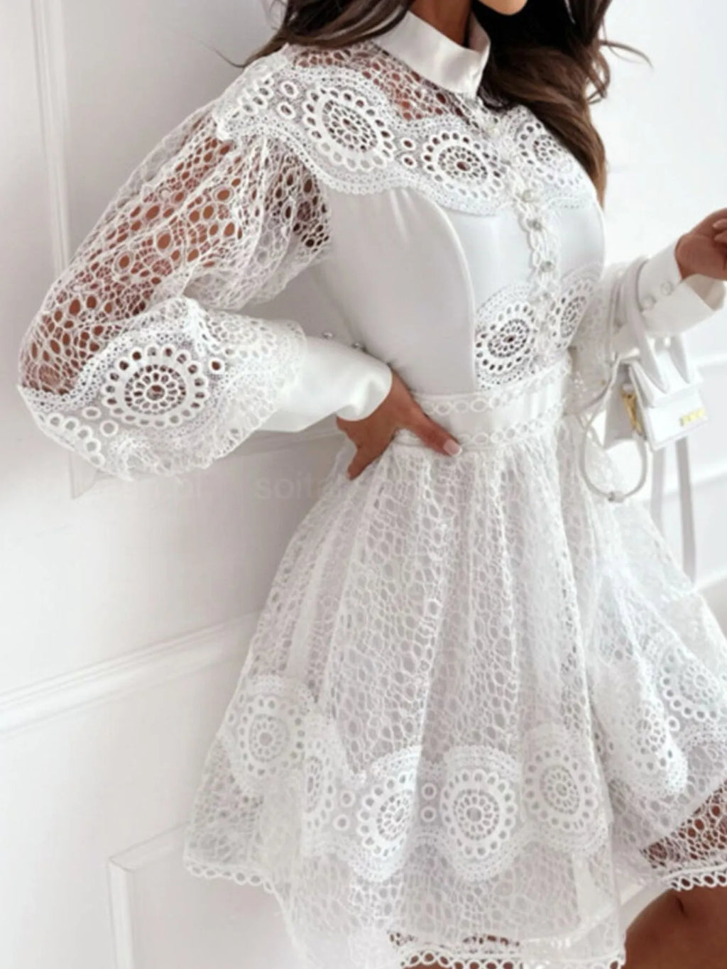 Mini Dress Floral Lace Lantern Long Sleeve Pearl Button High Neck Ruffled 555530dd-3a9c-4843-973c-dcf54ed7574c-Max-Origin Trendsi