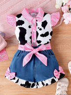 Children's Cow Print Top with Ruffle Trim and Denim Shorts Two-Piece Set