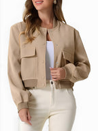 Women Baseball Cropped Jacket Pocketed Solid Snap Collared Long Sleeve Tan 555f75c4-b025-4c20-a2e4-9800702194c7-Max Trendsi