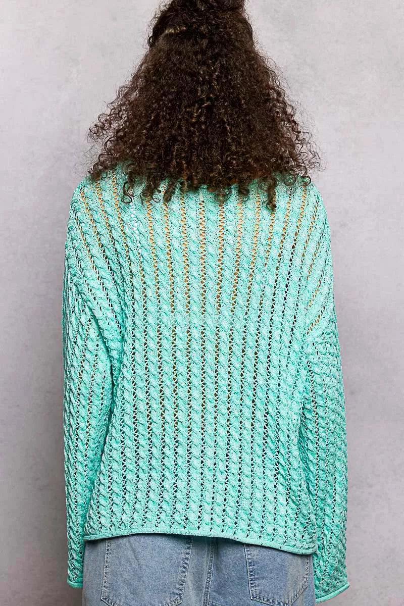 POL Openwork Knit Top Aqua Mint Round Neck with Shiny Detail Long Sleeve 55630fb0-b184-4abf-9a9d-72837f98f64b-Max-Origin Trendsi