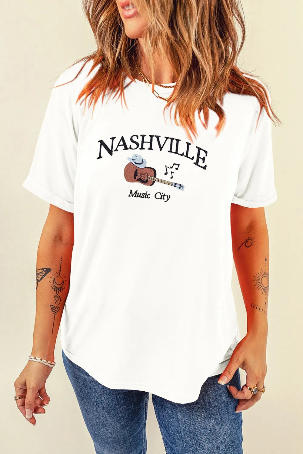 Women's T-shirt Guitar NASHVILLE Music City Print Crewneck Tee 5565e5bd-5ace-4e62-a260-d9c6723e10ee-Max-Origin Trendsi