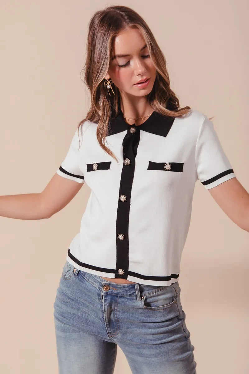 SO ME Sweater Shirt Top Classic Button Up Knitted Short Sleeve Ivory Black 55683f2e681344a89bdaf5b56983a925-Max-Origin Trendsi