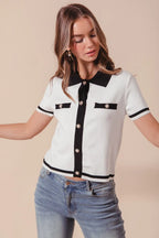 SO ME Sweater Shirt Top Classic Button Up Knitted Short Sleeve Ivory Black 55683f2e681344a89bdaf5b56983a925-Max-Origin Trendsi