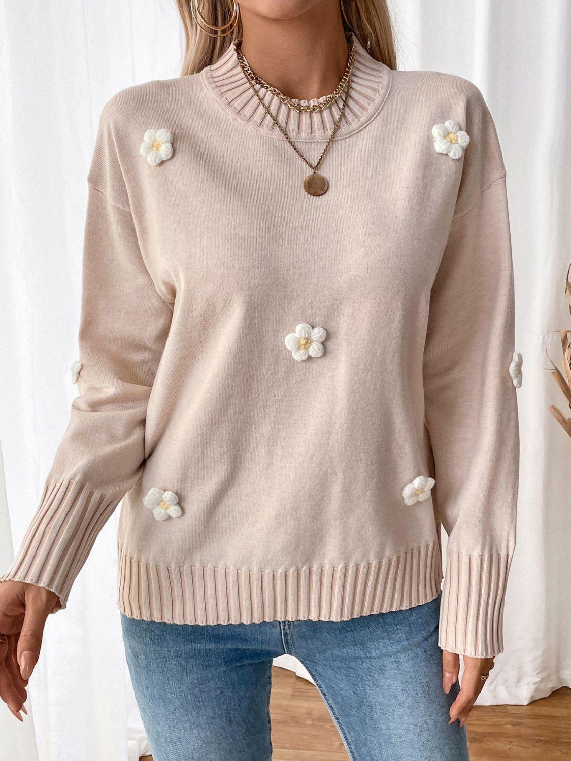 Perfee Sweater Flower Round Neck Long Sleeve Knitwear 556e0196-22c5-4fdf-a68d-ecb93564678f-Max Trendsi